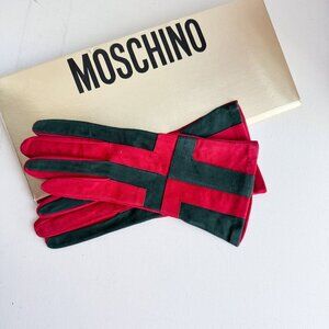 Moschino Red Black Colorblock Suede Gloves w Original Packaging S